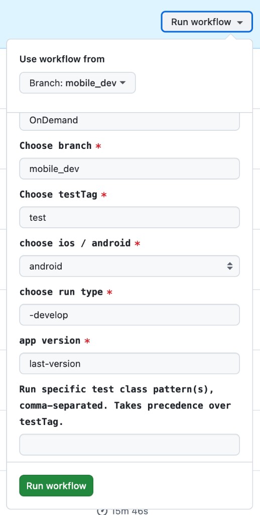 GitHub Actions Run workflow dialog showing Run specific test class pattern(s) field